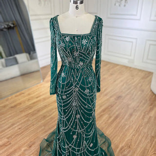 Luxury Dubai Green Mermaid Evening Dress - Elegant Crystal Beaded Arabic Gown for Women's Wedding Party (2024)