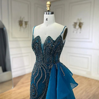 Ships in 1 to 3 Days - 2024 Sky Blue Spaghetti Strap Luxury Evening Dress: Mermaid Beaded Elegant Overskirt for Women's Party