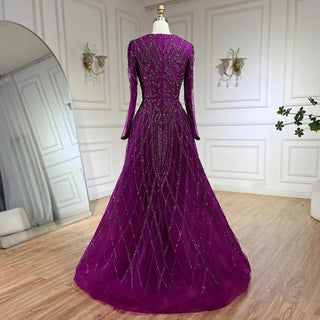 Arabic Turquoise A-Line Sweetheart Long Sleeves Beaded Evening Dress Gown for Women Party 2024