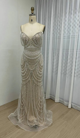 Stunning Spaghetti Straps Mermaid Evening Party Dress - Luxury Arabic Pearls with Lace-Up Back for Wedding Guests