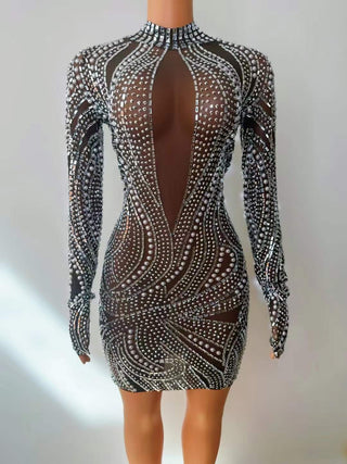 Dazzling Sheer Long-Sleeve Mini Dress with Intricate Crystal Patterns