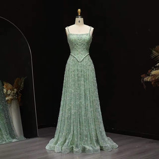 Ships in 2 to 5 Days - 2025 Sage Green Saudi Beaded A-Line Evening Gown with Spaghetti Straps – Customized Elegance