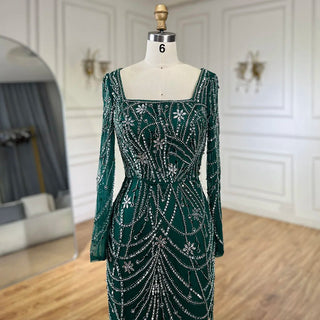 Luxury Dubai Green Mermaid Evening Dress - Elegant Crystal Beaded Arabic Gown for Women's Wedding Party (2024)