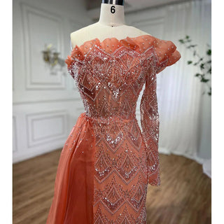 Elegant Peach Mermaid Arabic Evening Dress 2024 - One Shoulder, Luxury Pearls, Beaded Gown for Women's Party