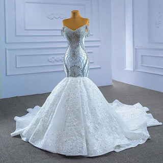 Luxury Mermaid White V-Neck Sleeveless Beaded Lace-Up Slip Wedding Gown