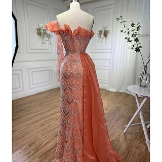 Elegant Peach Mermaid Arabic Evening Dress 2024 - One Shoulder, Luxury Pearls, Beaded Gown for Women's Party