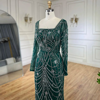 Luxury Dubai Green Mermaid Evening Dress - Elegant Crystal Beaded Arabic Gown for Women's Wedding Party (2024)