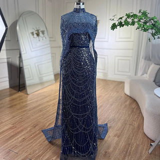 Luxurious Dubai Arabian Nude Mermaid Evening Dress with Long Cape - Elegant Gown for Women's Wedding Party 2024