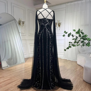 Arabic Luxury Dubai Mermaid Blue Evening Gown with Cape Sleeves and Beading for Women's Party 2024