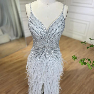 Luxury Beaded Mermaid Feathers Prom Dresses: Sexy Spaghetti Straps Backless Rose Pink Evening Dress