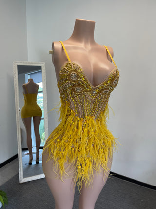 Ready To Ship in 1 to 3 Days - Vibrant Beaded and Feathered Mini Dress with Spaghetti Straps