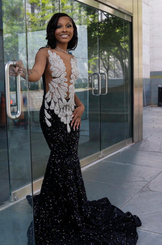 Elegant Black Sequin Gown with Feathered Embellishments and Deep Plunge