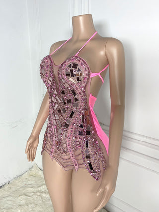 Halter Neck Mini Dress with Mosaic Embellishments and Sheer Illusion Bodice