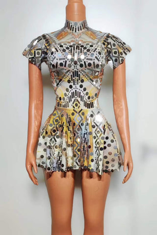 Futuristic Geometric Beaded Mini Dress