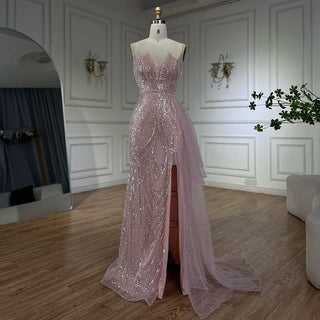 2024 Light Pink Spaghetti Strap Mermaid Evening Gown Beaded Elegant Dress with Overskirt for Women's Party