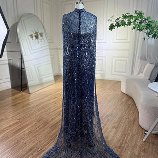 Luxurious Dubai Arabian Nude Mermaid Evening Dress with Long Cape - Elegant Gown for Women's Wedding Party 2024