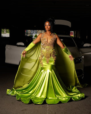 Vibrant Satin Mermaid Gown with Gold Embellishments and Matching Gloves