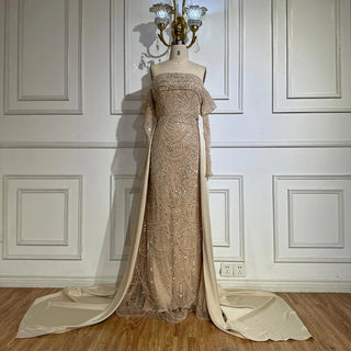 Nude Pearls Beaded Mermaid Gown with Overskirt – 2025 Custom Arabic Luxury Design