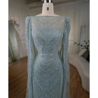 Turquoise Cape Sleeves Luxury Beaded Mermaid Arabic Evening Dress Gown for Women Wedding Party 2024