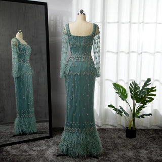 Turquoise Mermaid Elegant Evening Dress: 2024 Luxury Beaded Feather Long Sleeves for Muslim Women's Party