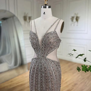 Gray Cut Out Spaghetti Straps Elegant Mermaid Evening Dresses Gowns Luxury Beaded For Woman Party 2024