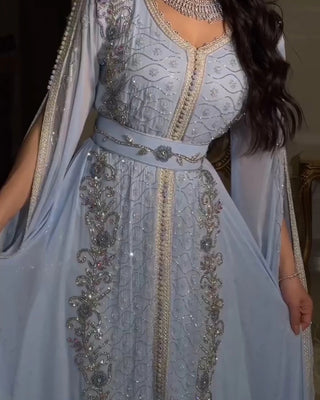 Dubai Blue Evening Dress for Women Elegant Long Sleeves Muslim Arabic Formal Wedding Party Gown