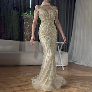 2024 Arabic Nude Halter Neck Mermaid Pearls Beaded Luxury Dubai Evening Gown for Women's Party