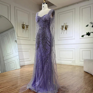 2024 Lilac Cape Sleeves Mermaid Lace Beaded Luxury Dubai Long Evening Gown for Women's Wedding Party