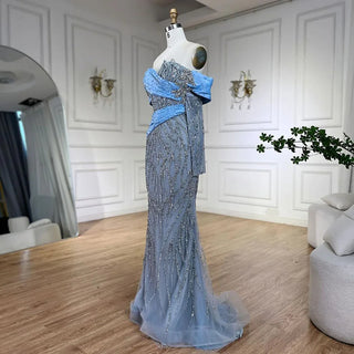 Ships in 1 to 3 Days - 2024 Arab Blue Boat Neck Mermaid Evening Dress - Elegant Beaded Gown for Women’s Parties