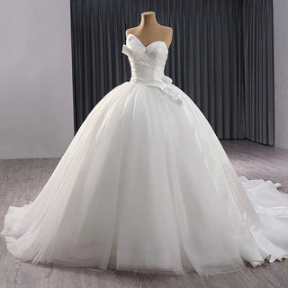 Beach Long Tail Satin Fabric Tulle Wedding Ball Gown Dress