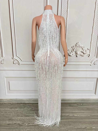 Glamorous Halter-Neck Fringe Gown with Sparkling Details