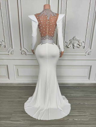 White Long-Sleeve Sheer Crystal-Embellished Gown with Bold Leaf Motif