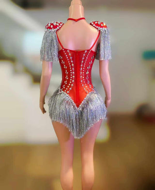 Glamorous Red Crystal-Fringe Showgirl Bodysuit