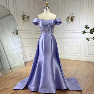 2024 Arabic Lilac Satin Long Evening Dress With Overskirt - Elegant Beaded Party Gown for Women's Wedding