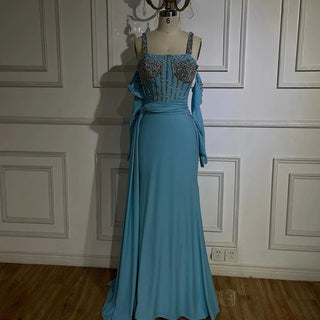 Dubai Luxury Evening Gown: 2024 Blue High Slit Mermaid Spaghetti Strap Gloves Perfect for Wedding Parties