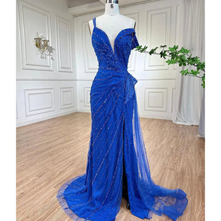 Blue Mermaid Split Evening Gown 2024 - Elegant Luxury Beaded Dress for Women's Party