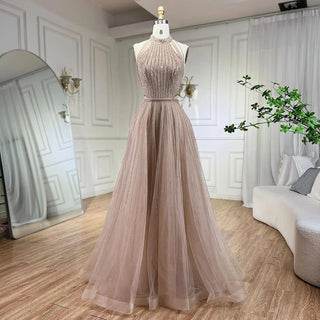 Ships in 1 to 3 Days - Arabian Nights: 2024 Caramel Elegant A-Line Luxury Evening Dress - Dubai Sequins Beaded Tassel Formal Halter Dress