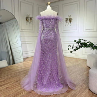 Elegant Cape Sleeves Mermaid Evening Dresses Gowns Luxury Feathers Beaded 2024 For Women Wedding Party