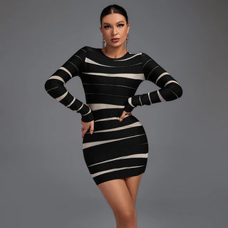 Ships in 1 to 3 Days - Patchwork Long Sleeve Dress Black Round Neck Bodycon Short Ladies Dress