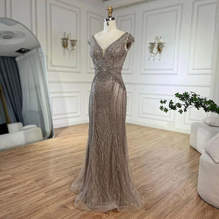 Ships in 1 to 3 Days - Dubai Beige Elegant Sleeveless Mermaid Beaded Arabic Evening Dresses Gowns for Women Wedding Party 2024