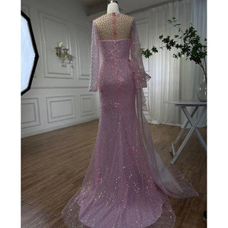 Pink Arabic Mermaid Evening Dress - Elegant With Skirt, Luxury Pearls Beaded Gown for Women's Party 2024