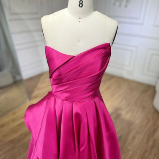 2024 Arabic Fuchsia A-Line Elegant Satin Strapless Evening Dresses: Gowns For Women Wedding Party