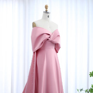 Luxury Dubai Pink Satin Evening Dress with Train 2024 Elegant Off-Shoulder Arabic Gown for Women's Wedding Party