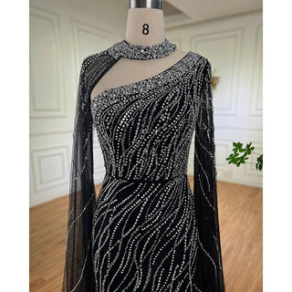 Black Mermaid Elegant Cape Sleeves Beaded Luxury Evening Dress Gown for Women's Arabic Party 2024