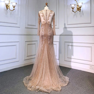 Ships in 1 to 3 Days - Nude Mermaid Prom Dress 2024 with Long Sleeves, Sparkling Sequined Beading - Luxury Elegance