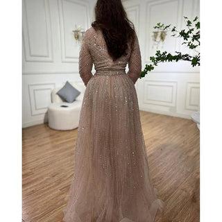 Ships in 1 to 3 Days - Luxury Gold Mermaid Evening Dress with Long Sleeves and O-Neck - Women's Party Gown 2024