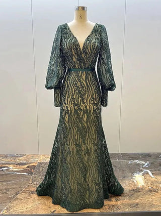 Elegant Puff Sleeves Green Mermaid Beaded Luxury Evening Dress - 2024 Collection.