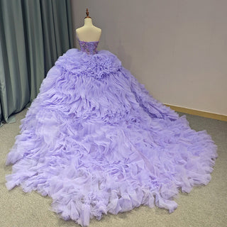 Elegant Purple Ruched Sequins Beaded Puffy Quinceañera Gown