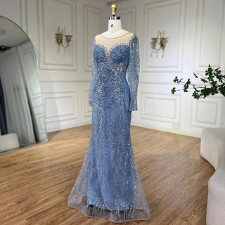 Dubai Arabian Blue Elegance: 2024 Mermaid Luxury Beaded Pearls Evening Gown - Elegant Dress for Women's Wedding Party