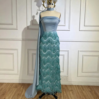 2024 Arabic Blue Ankle-Length Mermaid Evening Gown with Long Cloak - Beaded Luxury, Perfect for Women's Wedding Parties